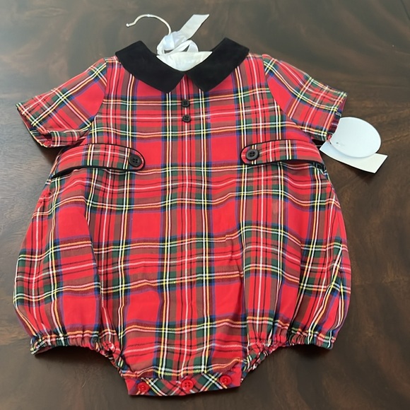 Edgehill Collection Baby Boys Short Sleeve Velvet Collar Plaid Bubble - Picture 4 of 10